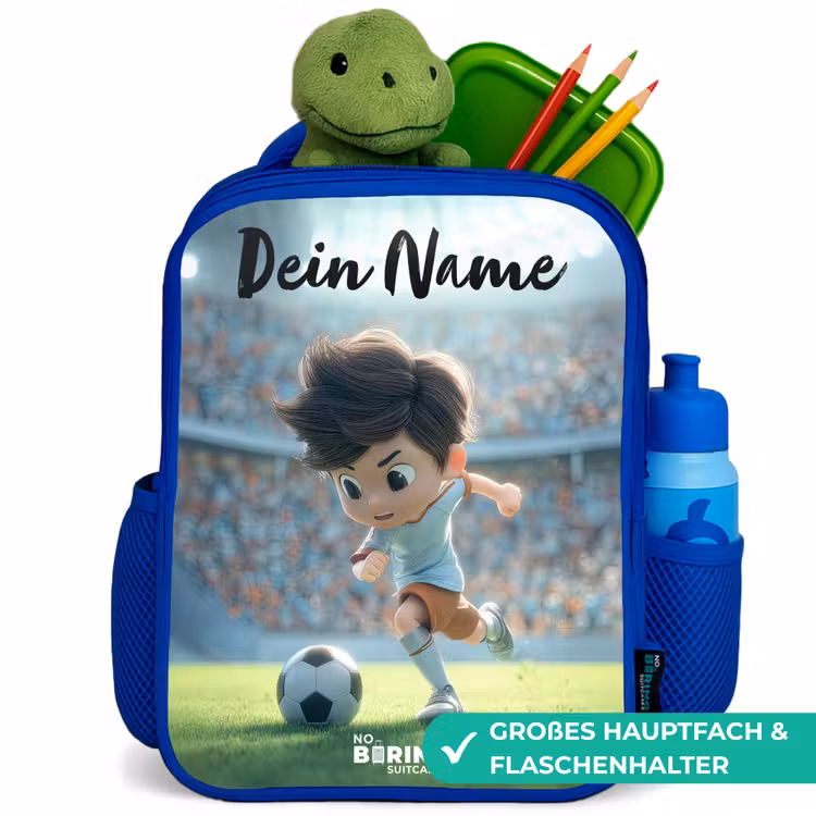 Jongen - Voetbal - Stadion - Zonlicht Kinderrugzak - Blauw middel -inhoud_DE