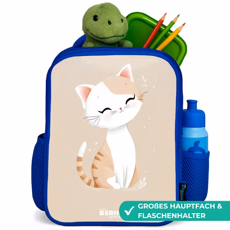 Kitten in de kleuren beige en wit Kinderrugzak - Blauw middel -inhoud_DE