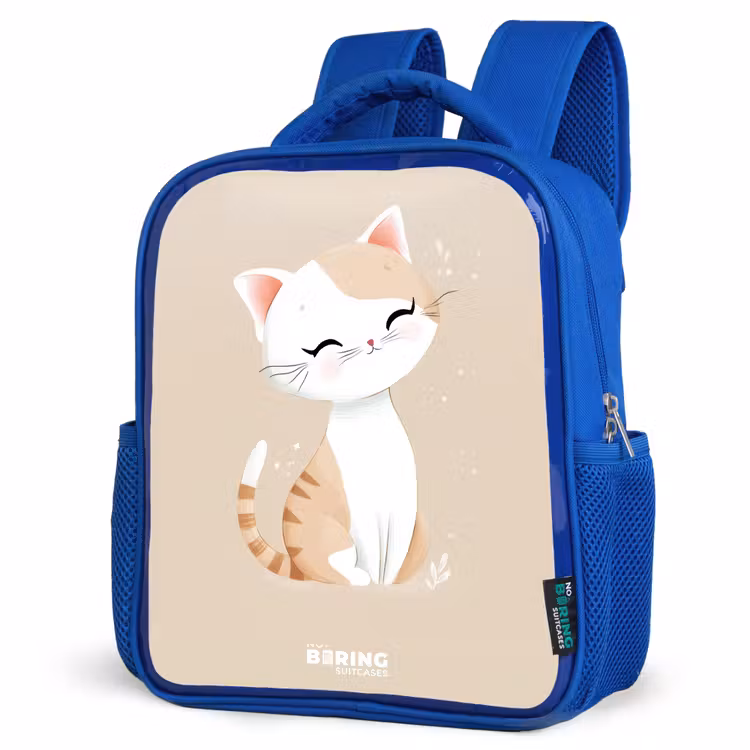 Kitten in de kleuren beige en wit Kinderrugzak - Blauw middel -schuin