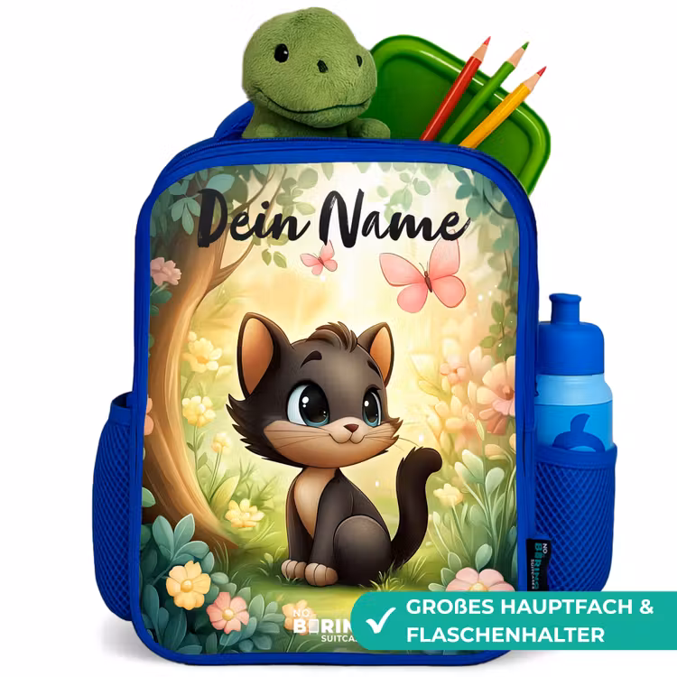 Kat - Vlinder - Bloemen Kinderrugzak - Blauw middel -inhoud_DE