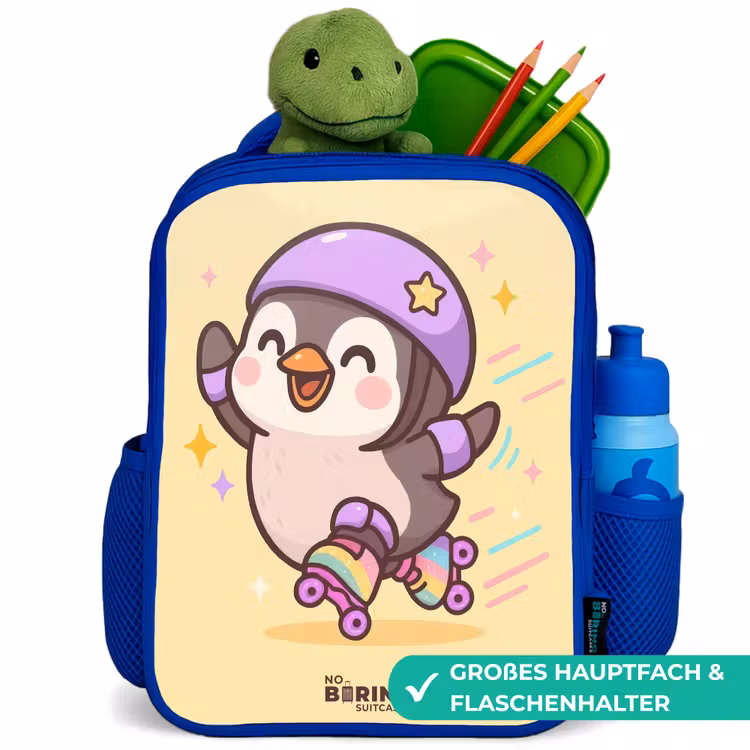 Kawai - Pinguin - Rolschaatsen Kinderrugzak - Blauw middel -inhoud_DE