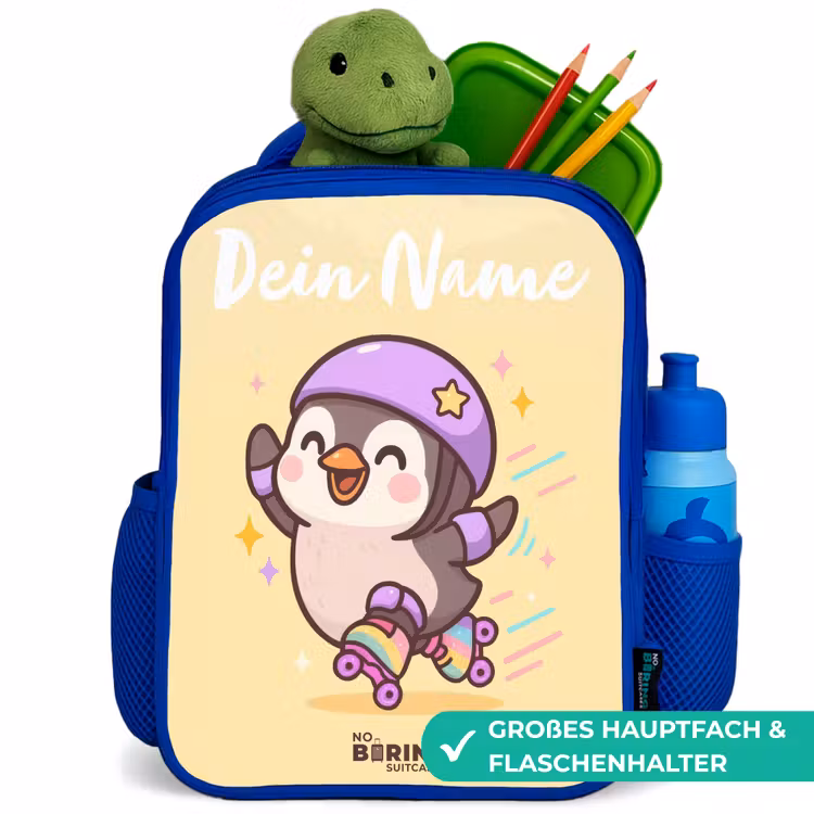 Kawai - Pinguin - Rolschaatsen Kinderrugzak - Blauw middel -inhoud_DE