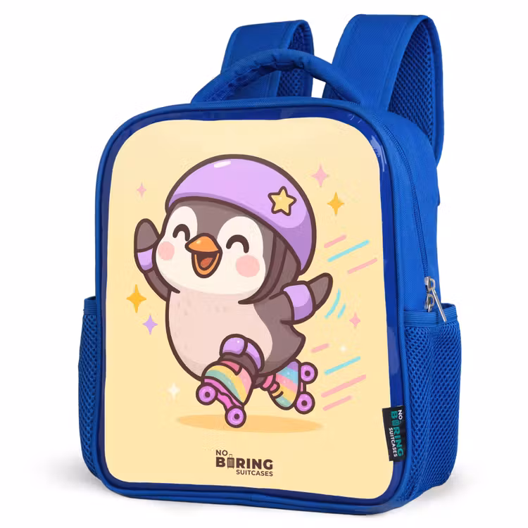 Kawai - Pinguin - Rolschaatsen Kinderrugzak - Blauw middel -schuin