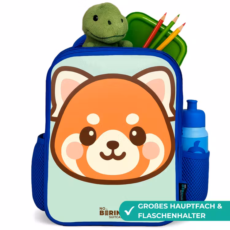 Kawai - Rode panda - Groen Kinderrugzak - Blauw middel -inhoud_DE