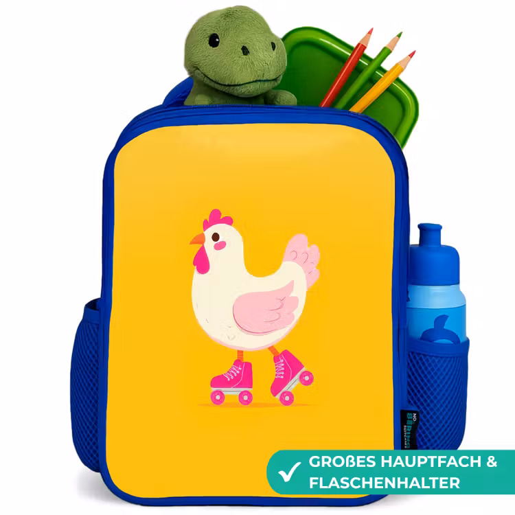 Kip - Rolschaatsen - Geel Kinderrugzak - Blauw middel -inhoud_DE