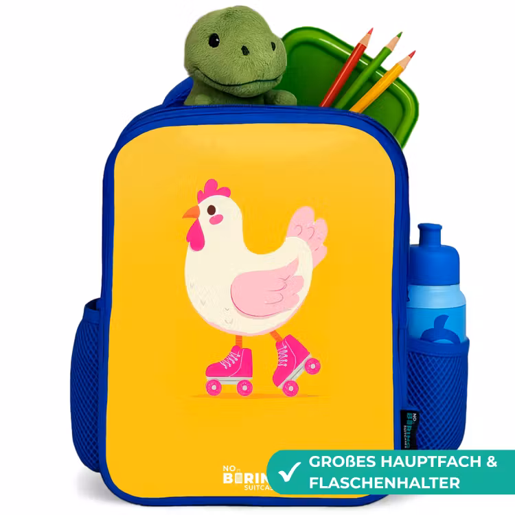 Kip - Rolschaatsen - Geel Kinderrugzak - Blauw middel -inhoud_DE