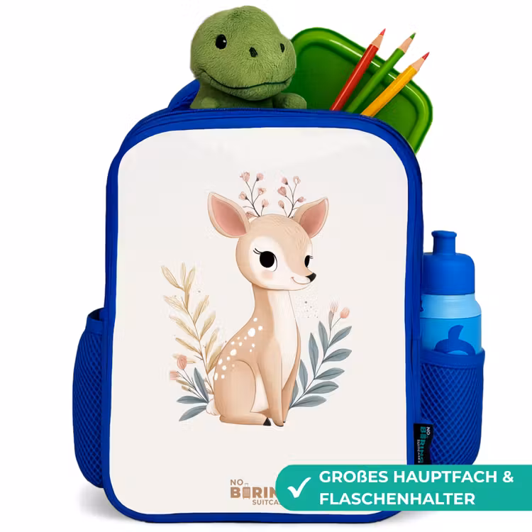 Hertje omringd door planten in beige tinten Kinderrugzak - Blauw middel -inhoud_DE