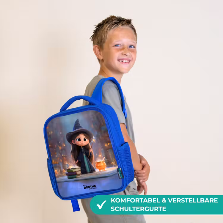 Kleine tovernares in bibliotheek Kinderrugzak - Blauw middel -sfeer3_DE
