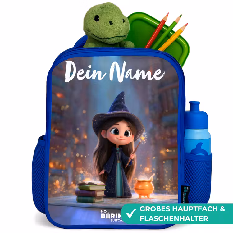 Kleine tovernares in bibliotheek Kinderrugzak - Blauw middel -inhoud_DE