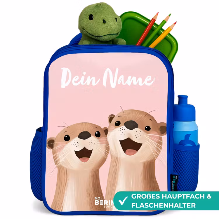 Glimlach - Otters - Roze - Illustratie Kinderrugzak - Blauw middel -inhoud_DE