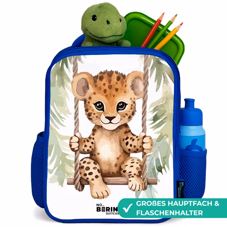 Luipaard welp op een schommel waterverf illustratie Kinderrugzak - Blauw middel -inhoud_DE