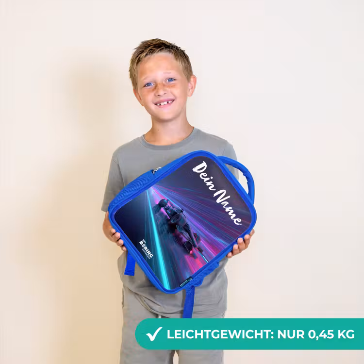 Lichtstralen - Neon - Racewagen - Paars Kinderrugzak - Blauw middel -sfeer1_DE