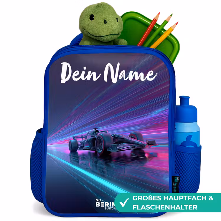 Lichtstralen - Neon - Racewagen - Paars Kinderrugzak - Blauw middel -inhoud_DE
