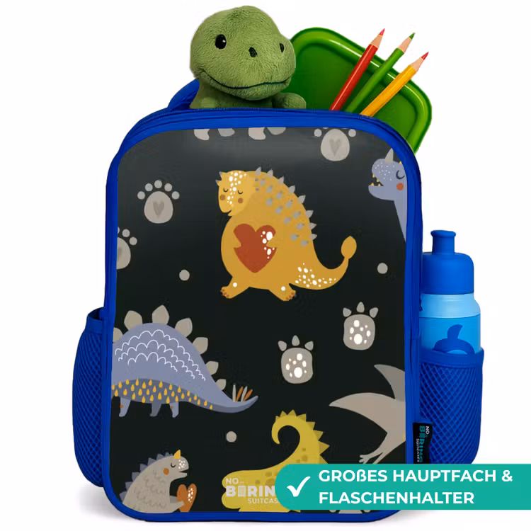 Liefdevolle dinosaurus Kinderrugzak - Blauw middel -inhoud_DE