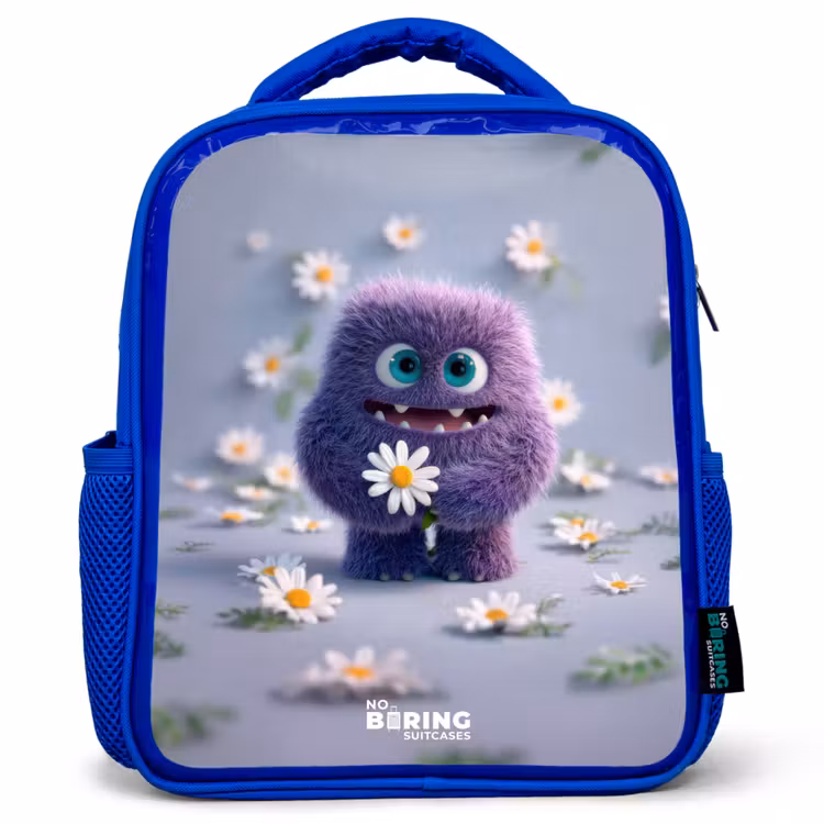 Paars Pluizig Vriendje met Madelief Kinderrugzak - Blauw middel -3d