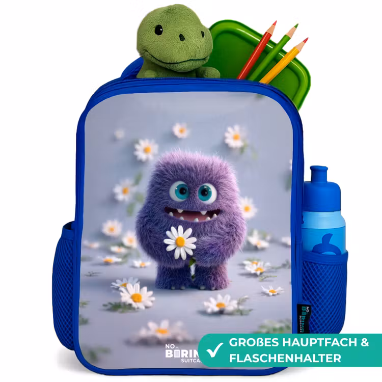 Paars Pluizig Vriendje met Madelief Kinderrugzak - Blauw middel -inhoud_DE