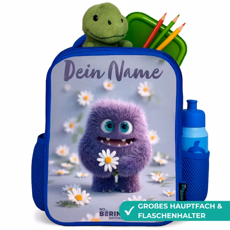 Paars Pluizig Vriendje met Madelief Kinderrugzak - Blauw middel -inhoud_DE
