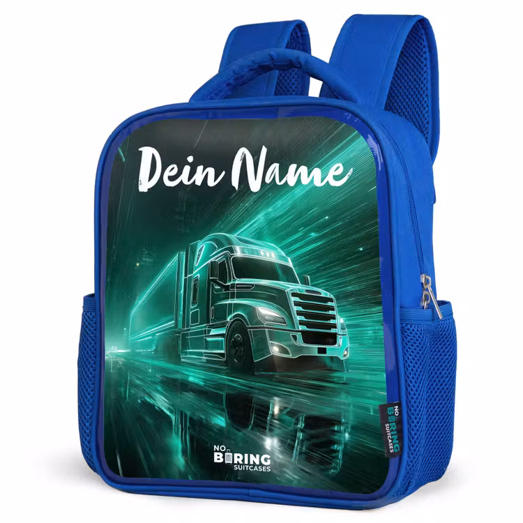 Vrachtwagen - Stad - Groen - Neon Kinderrugzak - Blauw middel -schuin