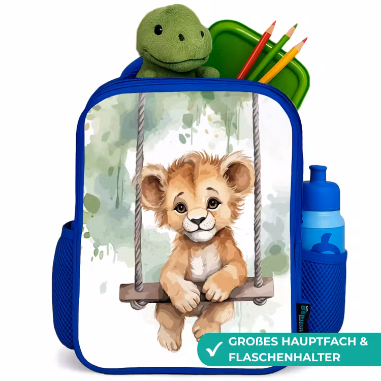 Leeuw - Dier - Kinderen - Jungle Kinderrugzak - Blauw middel -inhoud_DE