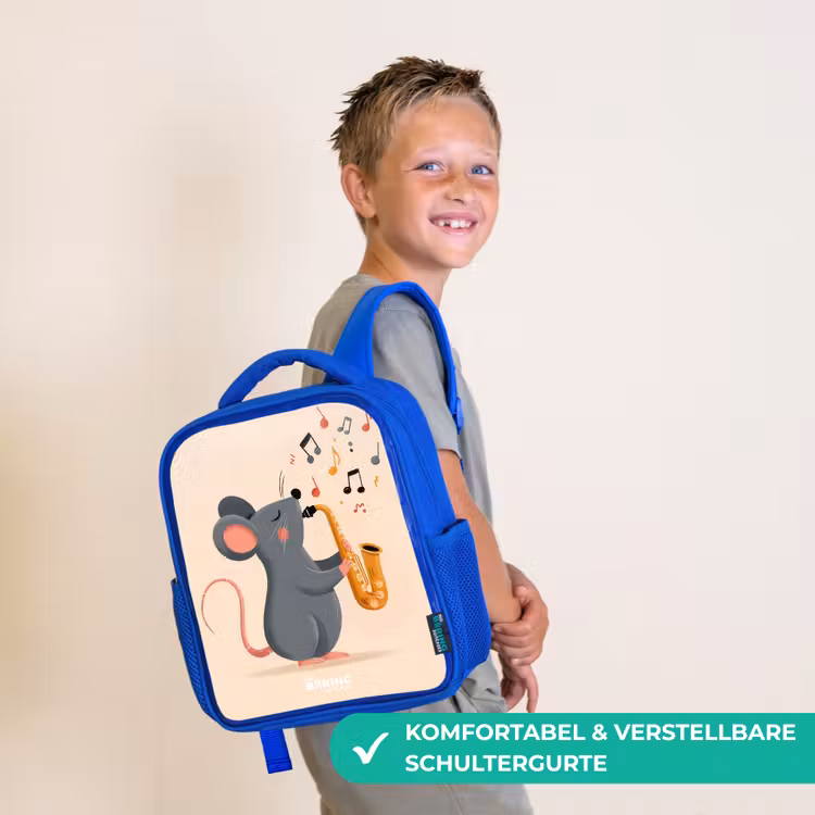 Muis - Saxofoon - Muziek Kinderrugzak - Blauw middel -sfeer3_DE