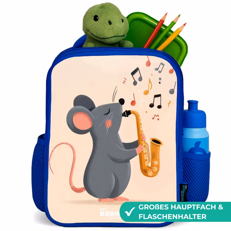 Muis - Saxofoon - Muziek Kinderrugzak - Blauw middel -inhoud_DE