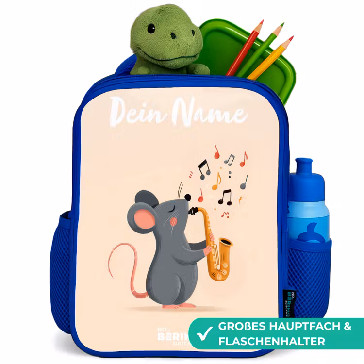 Muis - Saxofoon - Muziek Kinderrugzak - Blauw middel -inhoud_DE