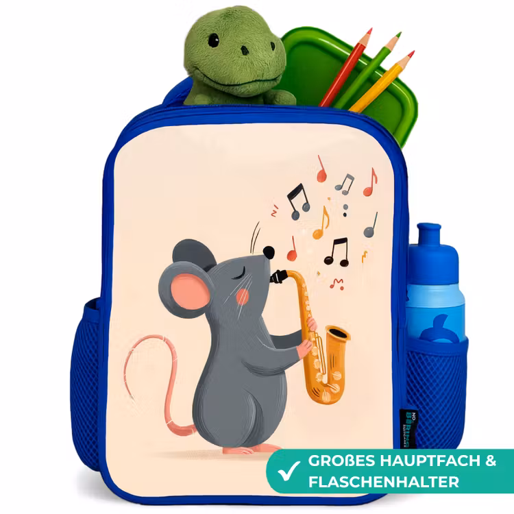 Muis - Saxofoon - Muzieknoten Kinderrugzak - Blauw middel -inhoud_DE