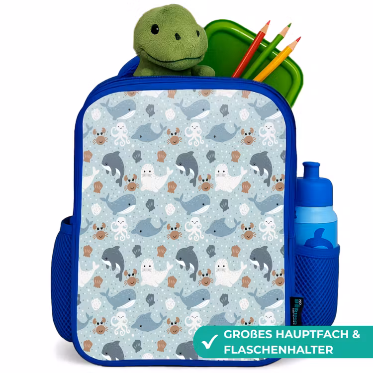 Oceaan - Walvis - Zeehond - Krab Kinderrugzak - Blauw middel 862 -inhoud_DE