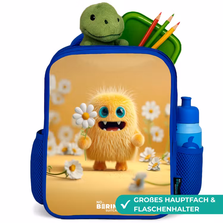 Monster - Wezen - Bloem - Geel Kinderrugzak - Blauw middel -inhoud_DE
