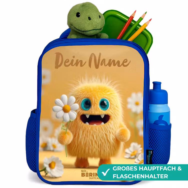 Monster - Wezen - Bloem - Geel Kinderrugzak - Blauw middel -inhoud_DE