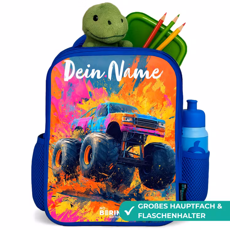 Monstertruck - Abstract - Verfspatten - Kleurrijk Kinderrugzak - Blauw middel -inhoud_DE