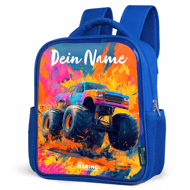 Monstertruck - Abstract - Verfspatten - Kleurrijk Kinderrugzak - Blauw middel -schuin