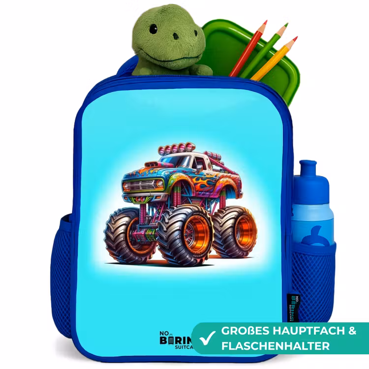 Monstertruck op Lichtblauwe Achtergrond Kinderrugzak - Blauw middel -inhoud_DE