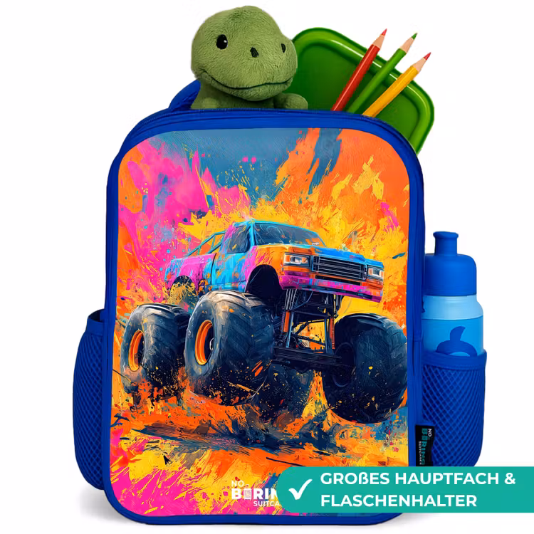 Monstertruck - Verfspatten - Kleurrijk - Explosie Kinderrugzak - Blauw middel -inhoud_DE