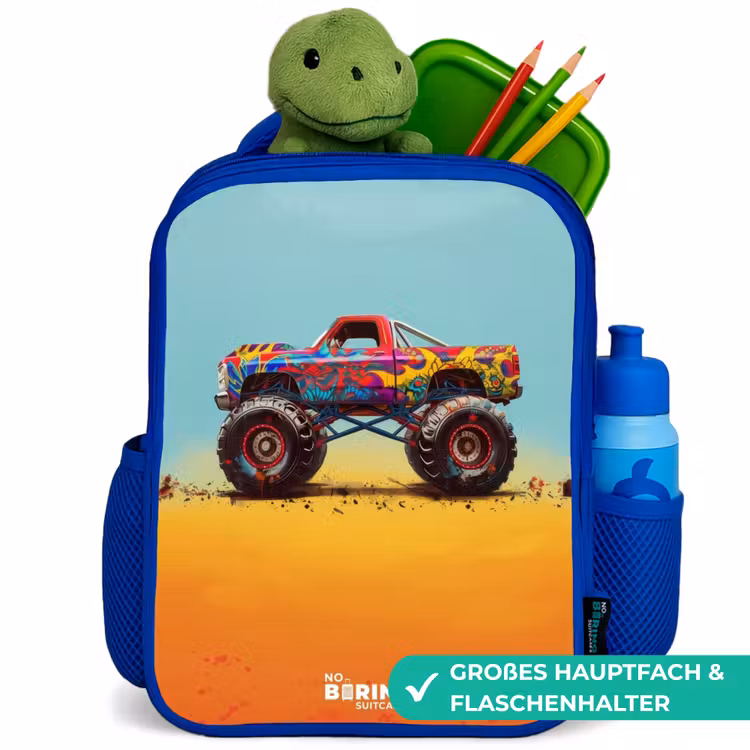 Monstertruck met Graffiti Print in het Zand Kinderrugzak - Blauw middel -inhoud_DE