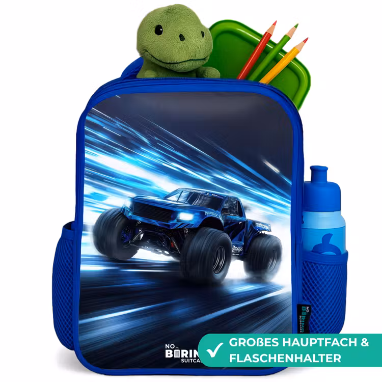 Monstertruck raast door lichtsnelheid Kinderrugzak - Blauw middel -inhoud_DE