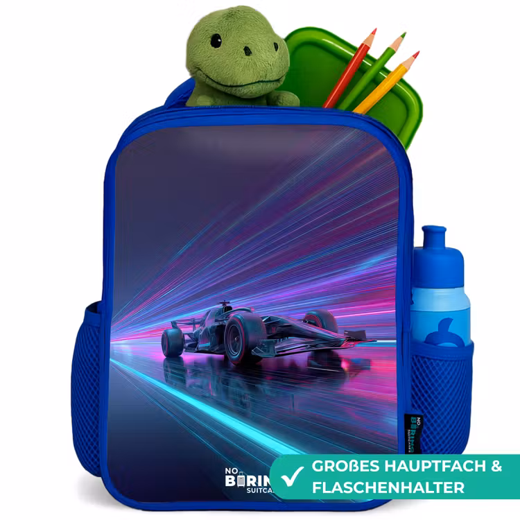 Neon - Raceauto - Lichtstrepen - Paars Kinderrugzak - Blauw middel -inhoud_DE