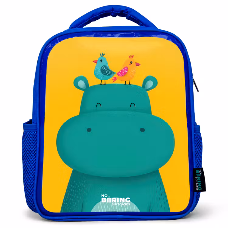 Nijlpaard - Vogels - Geel Kinderrugzak - Blauw middel -3d