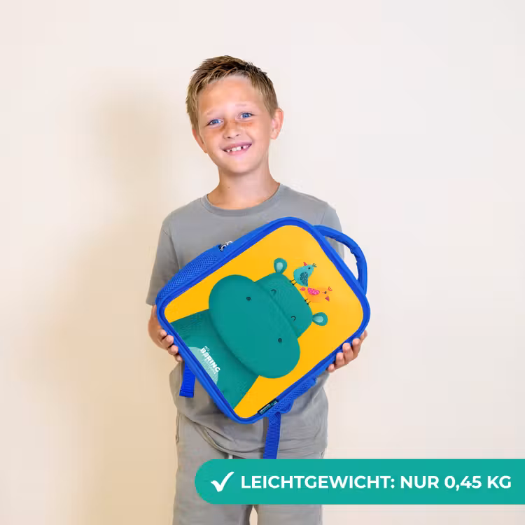 Nijlpaard - Vogels - Geel Kinderrugzak - Blauw middel -sfeer1_DE