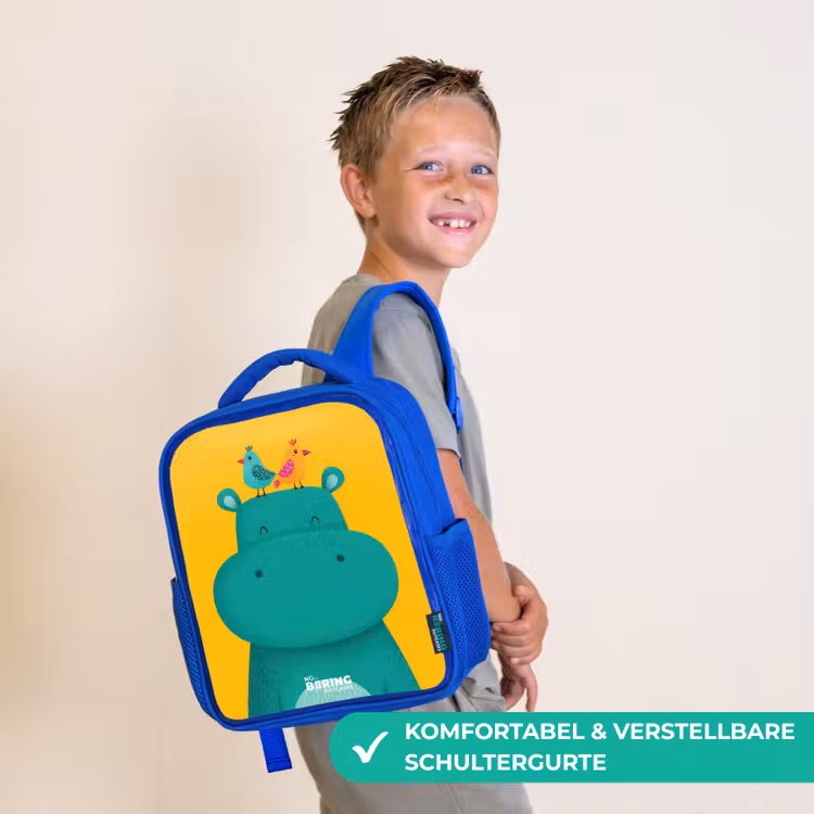 Nijlpaard - Vogels - Geel Kinderrugzak - Blauw middel -sfeer3_DE