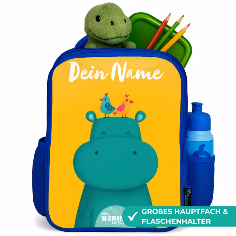 Nijlpaard - Vogels - Geel Kinderrugzak - Blauw middel -inhoud_DE