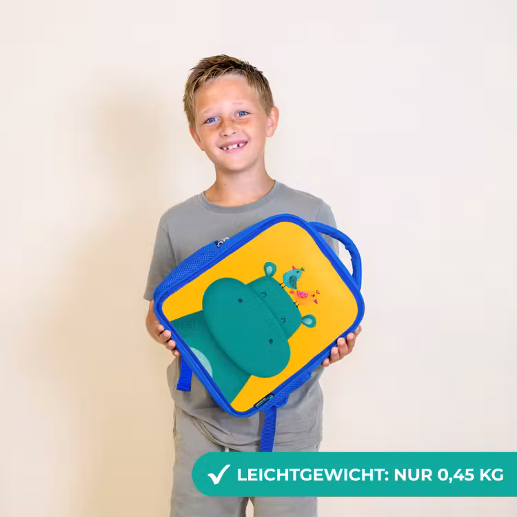 Nijlpaard - Vogels - Groen - Geel Kinderrugzak - Blauw middel -sfeer1_DE