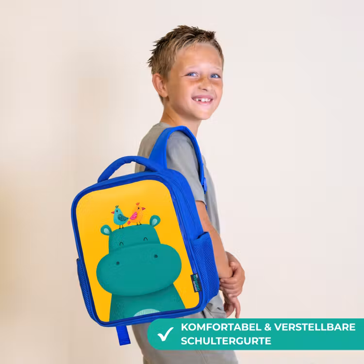 Nijlpaard - Vogels - Groen - Geel Kinderrugzak - Blauw middel -sfeer3_DE