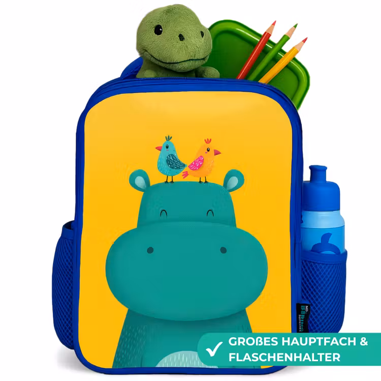 Nijlpaard - Vogels - Groen - Geel Kinderrugzak - Blauw middel -inhoud_DE