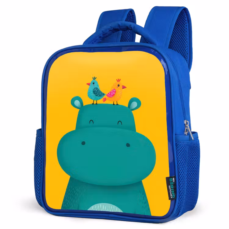 Nijlpaard - Vogels - Groen - Geel Kinderrugzak - Blauw middel -schuin