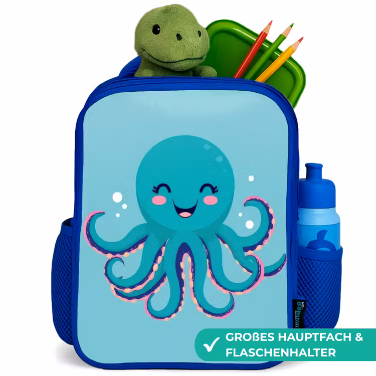 Octopus - Blauw - Gezicht Kinderrugzak - Blauw middel -inhoud_DE