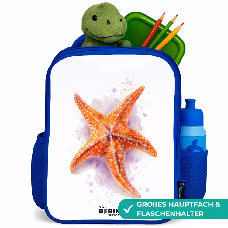 Oranje Zeester Illustratie Kinderrugzak - Blauw middel -inhoud_DE