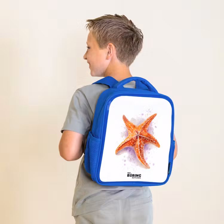 Oranje Zeester Illustratie Kinderrugzak - Blauw middel -sfeer2