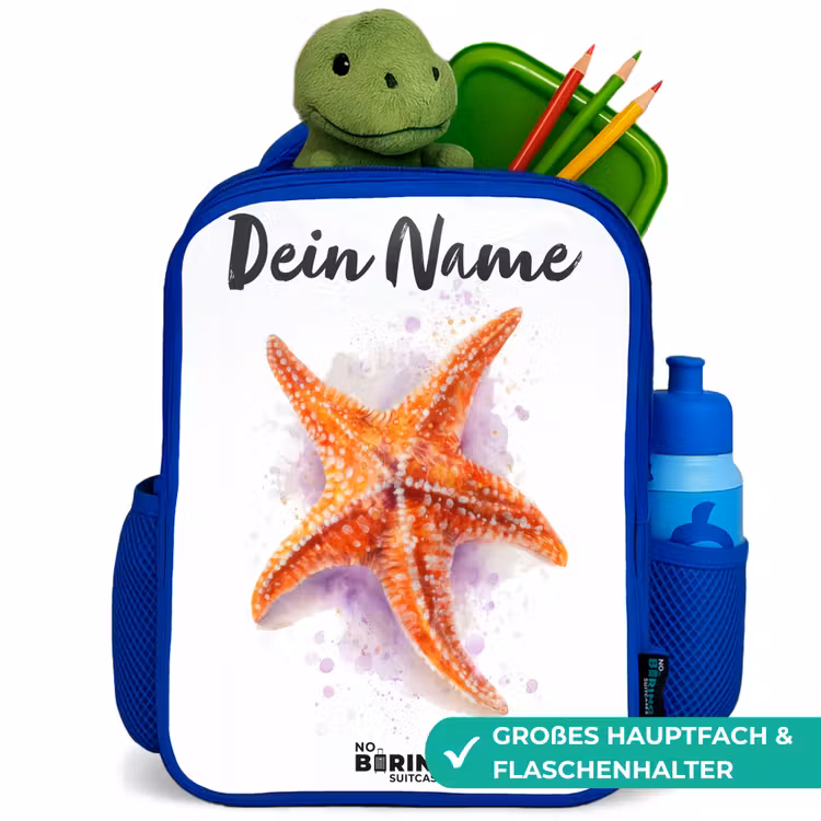 Oranje Zeester Illustratie Kinderrugzak - Blauw middel -inhoud_DE