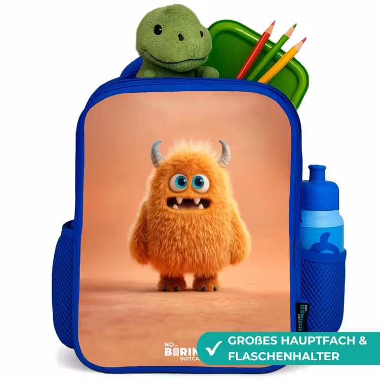 Oranje Pluizig Monster met Hoorns Kinderrugzak - Blauw middel -inhoud_DE